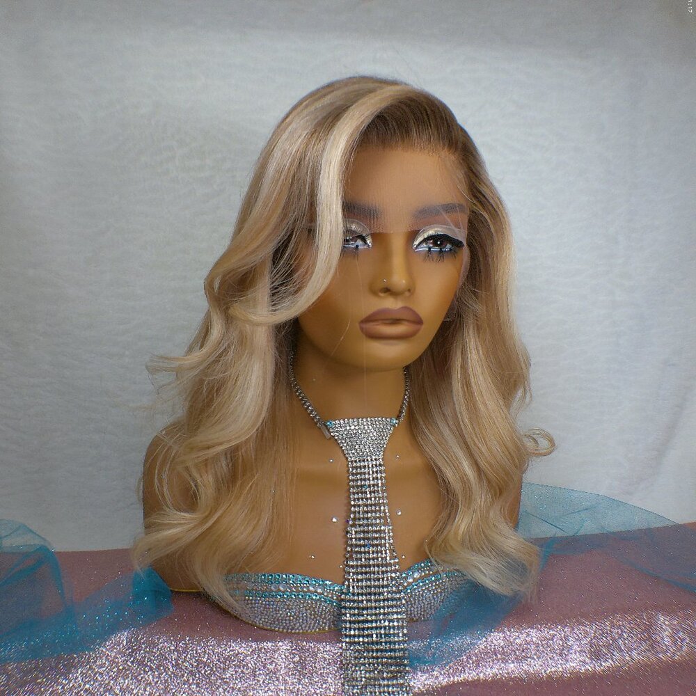 ✨18 Inch Human Hair Layered Wig Lowlights and Layers Platinum/ Deep Honey Blonde